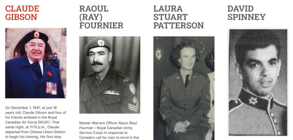 A website screenshot featuring four names and four photos, two with writing underneath them. | Capture d'écran d'un site web présentant quatre noms et quatre photos, dont deux accompagnés d'une histoire.