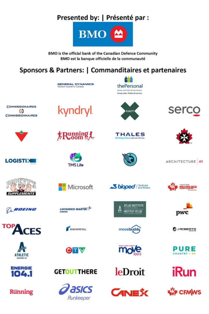 Logos of Canada Army Run's sponsors and partners. | Logos des commanditaires et des partenaires de la Course de l’Armée du Canada.