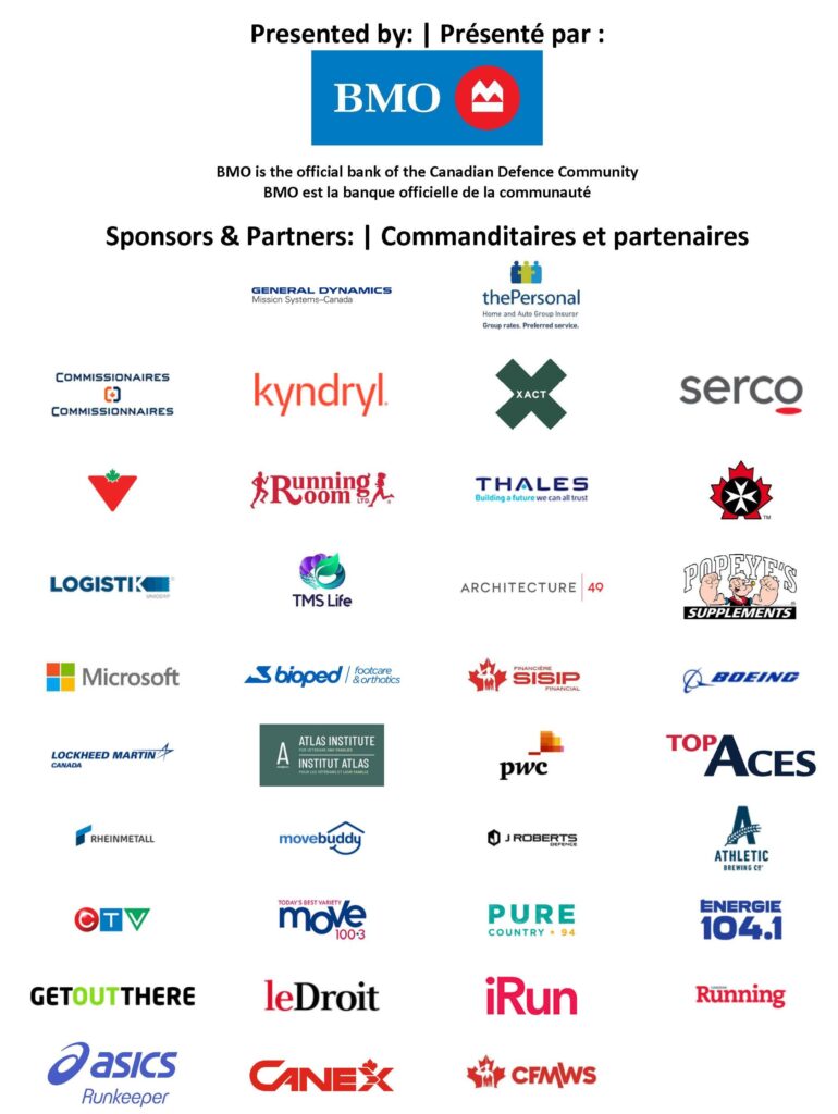 Logos for Canada Army Run's sponsors and partners. | Logos des commanditaires et des partenaires de la Course de l'Armée du Canada.