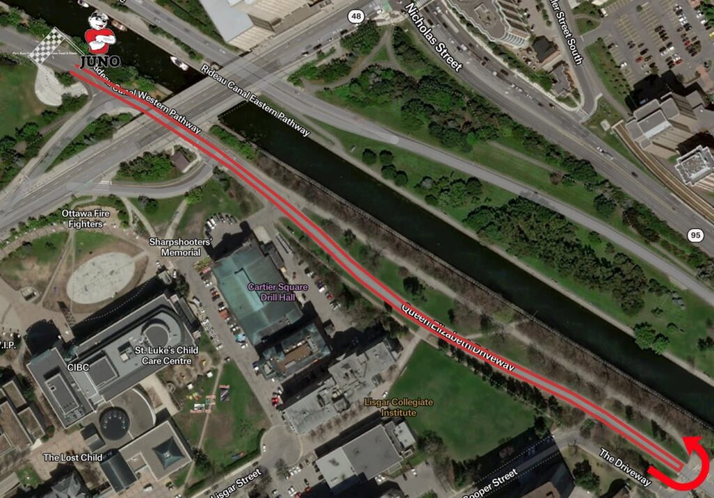 A map of the Juno 1K course. | Une carte du parcours 1 km Juno.